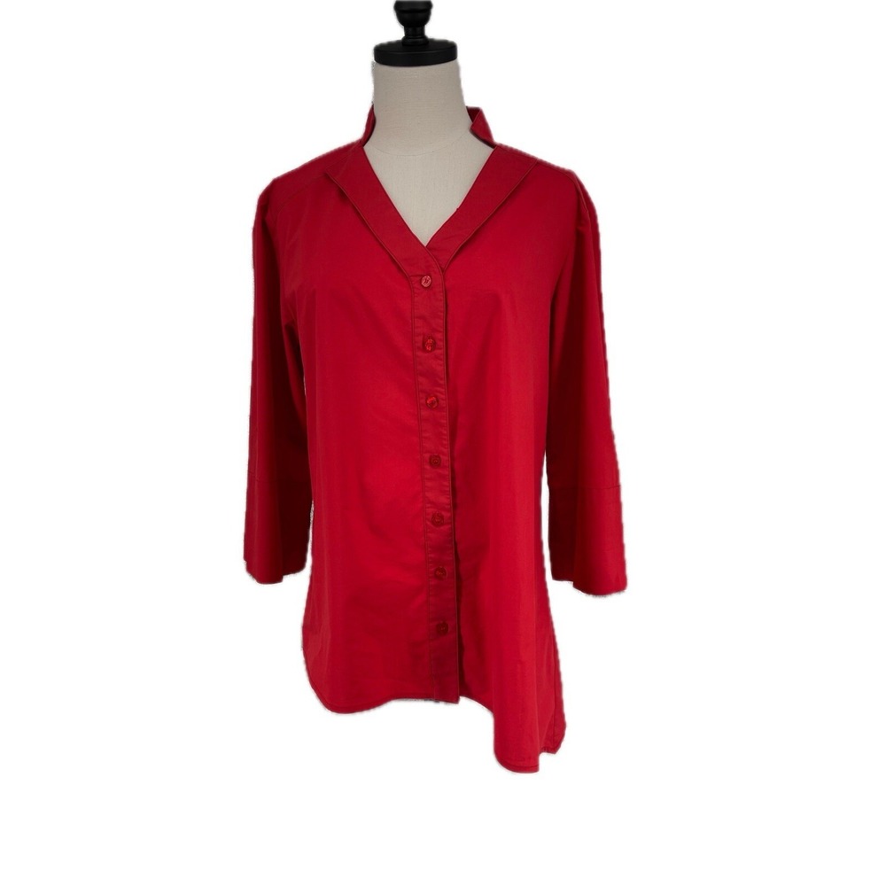 Finley Tunic Shirt Top Button Front Asymmetrical Hem Red Roll Sleeves M See Note